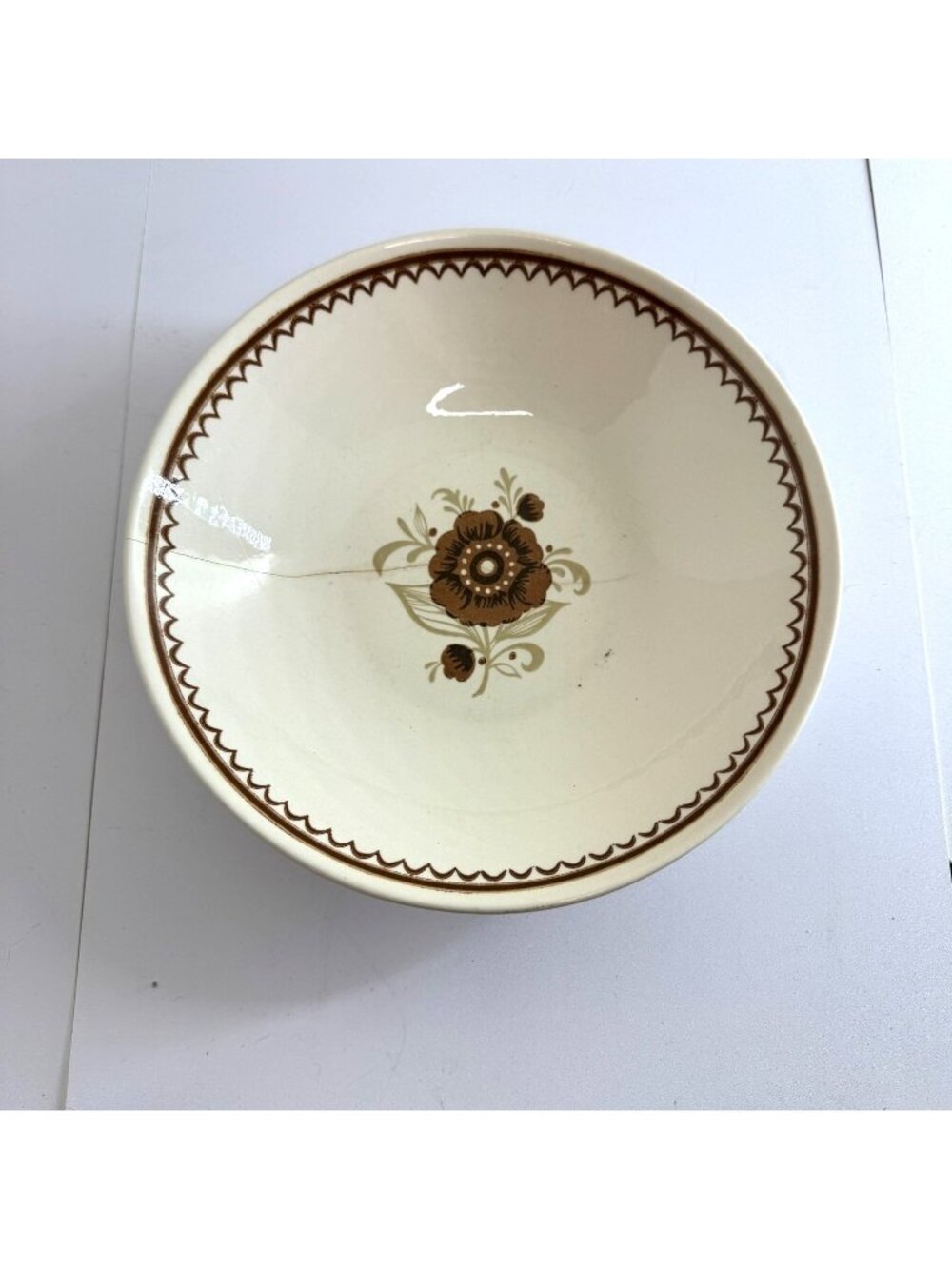 Vintage USA Stoneware Serving Bowl Brown Floral Pattern With Age Cracks Retro